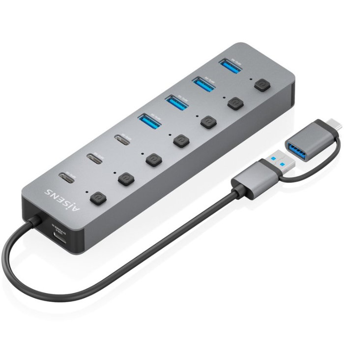 Aisens Hub USB 3.1 Gen 1 con 8 puertos, USB-C y USB-A, Gris